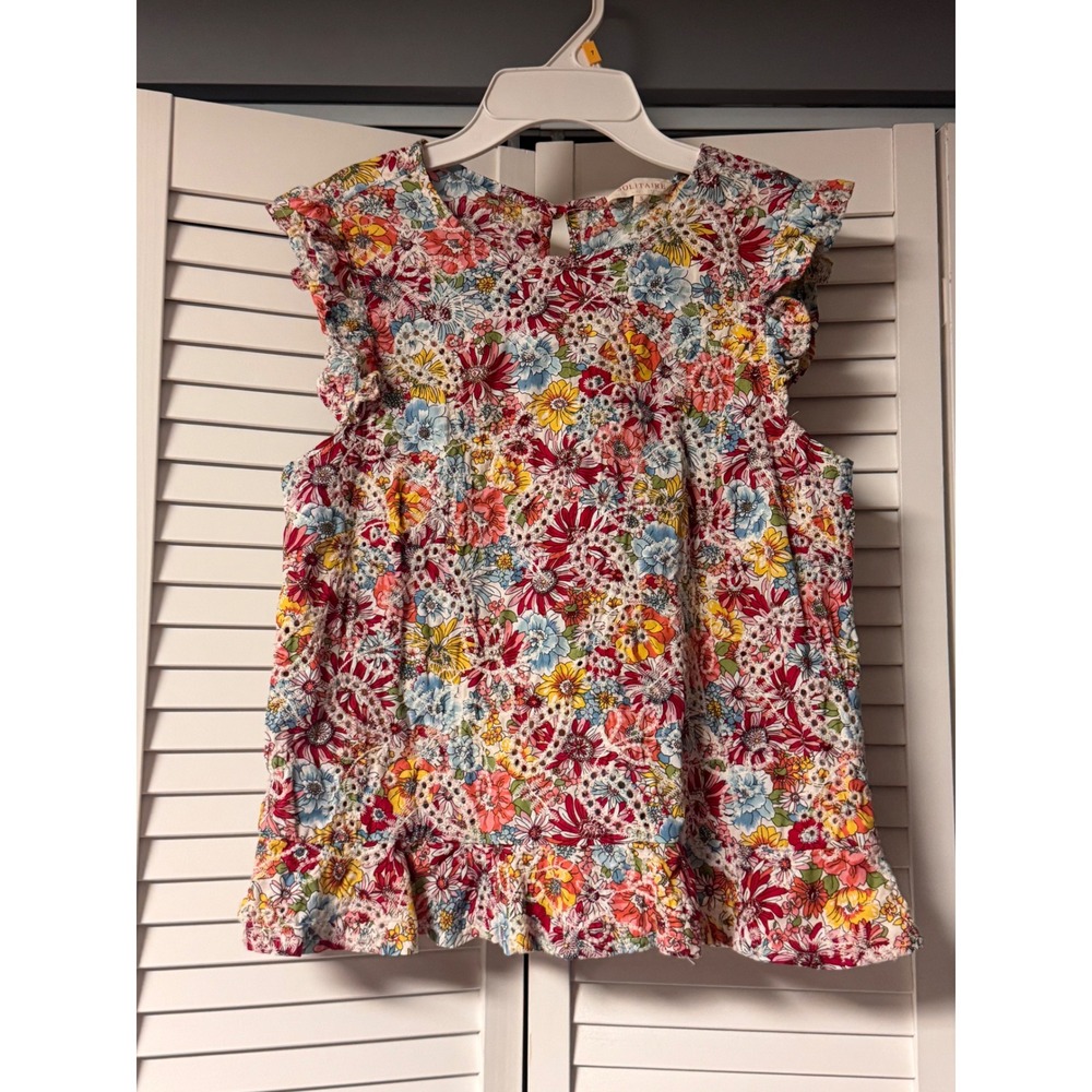 Solitaire Women's Floral Eyelet Flutter Sleeve Ruffle Blouse Cottagecore Small
